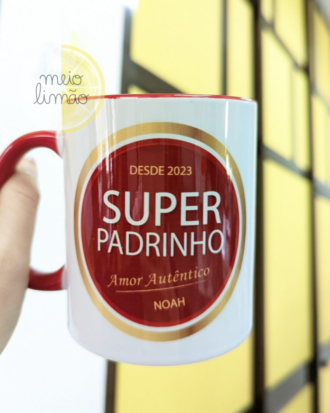 Caneca "super padrinho" e "super madrinha"