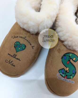 Pantufas ou chinelos com pêlo interior – personalização completa (imagem natal + nome)